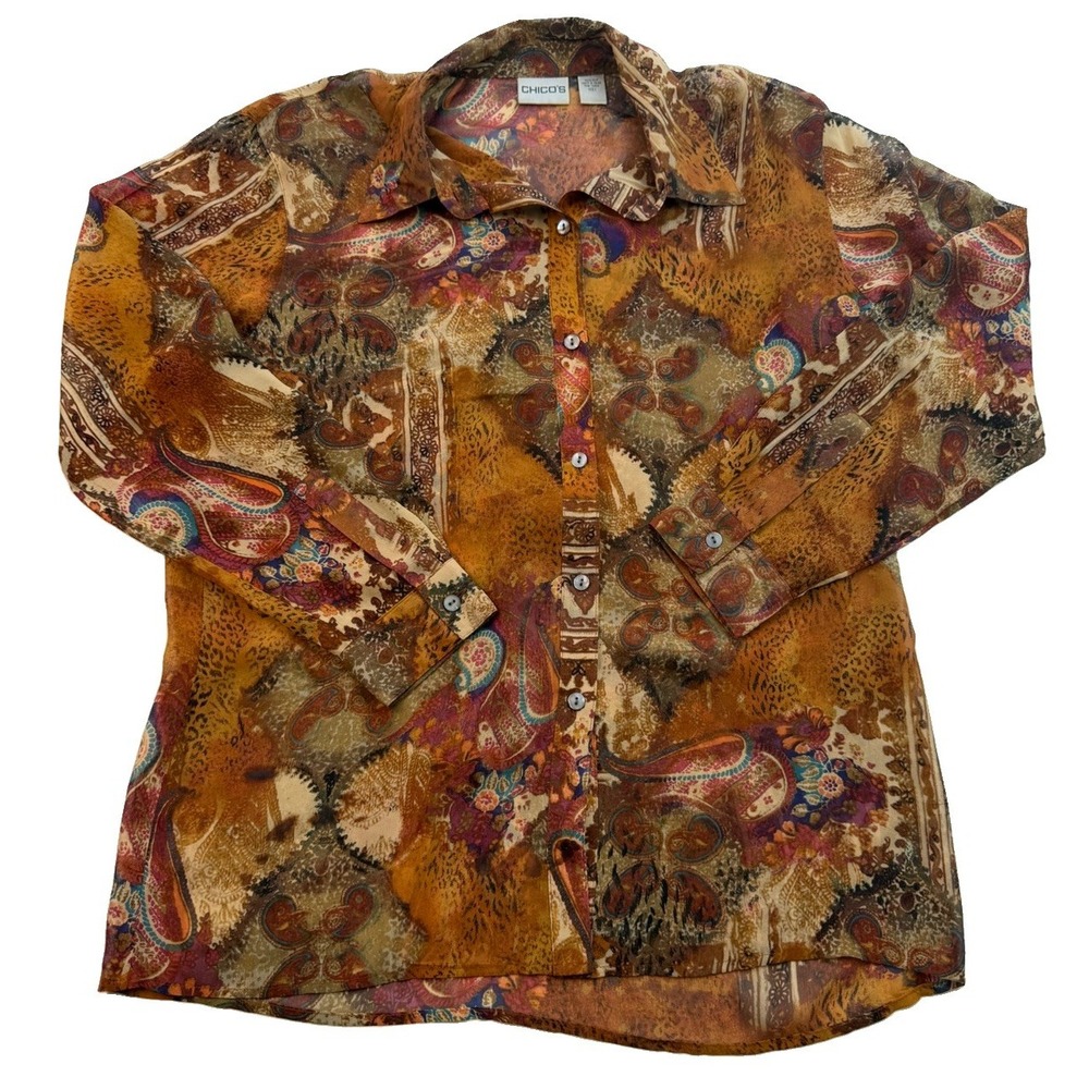 Chico's 100% Silk Sheer Paisley Blouse Size 1 Med Artsy Boho Lagenlook VTG 90s